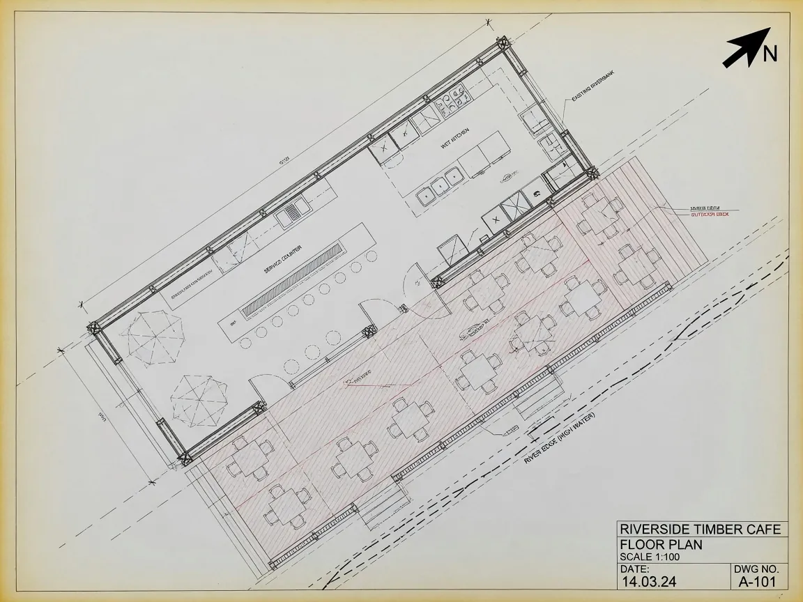 Studi denah kafe & deck
