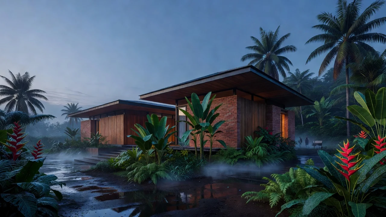 Visualisasi konsep suasana blue hour rumah tropis.