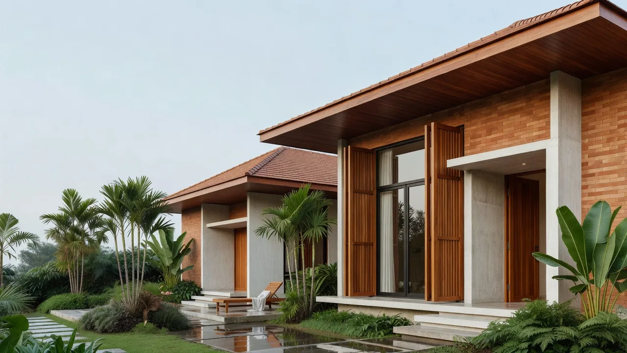 Visualisasi konsep rumah tropis kontemporer di Bandung dengan atap lebar dan material bata-kayu.
