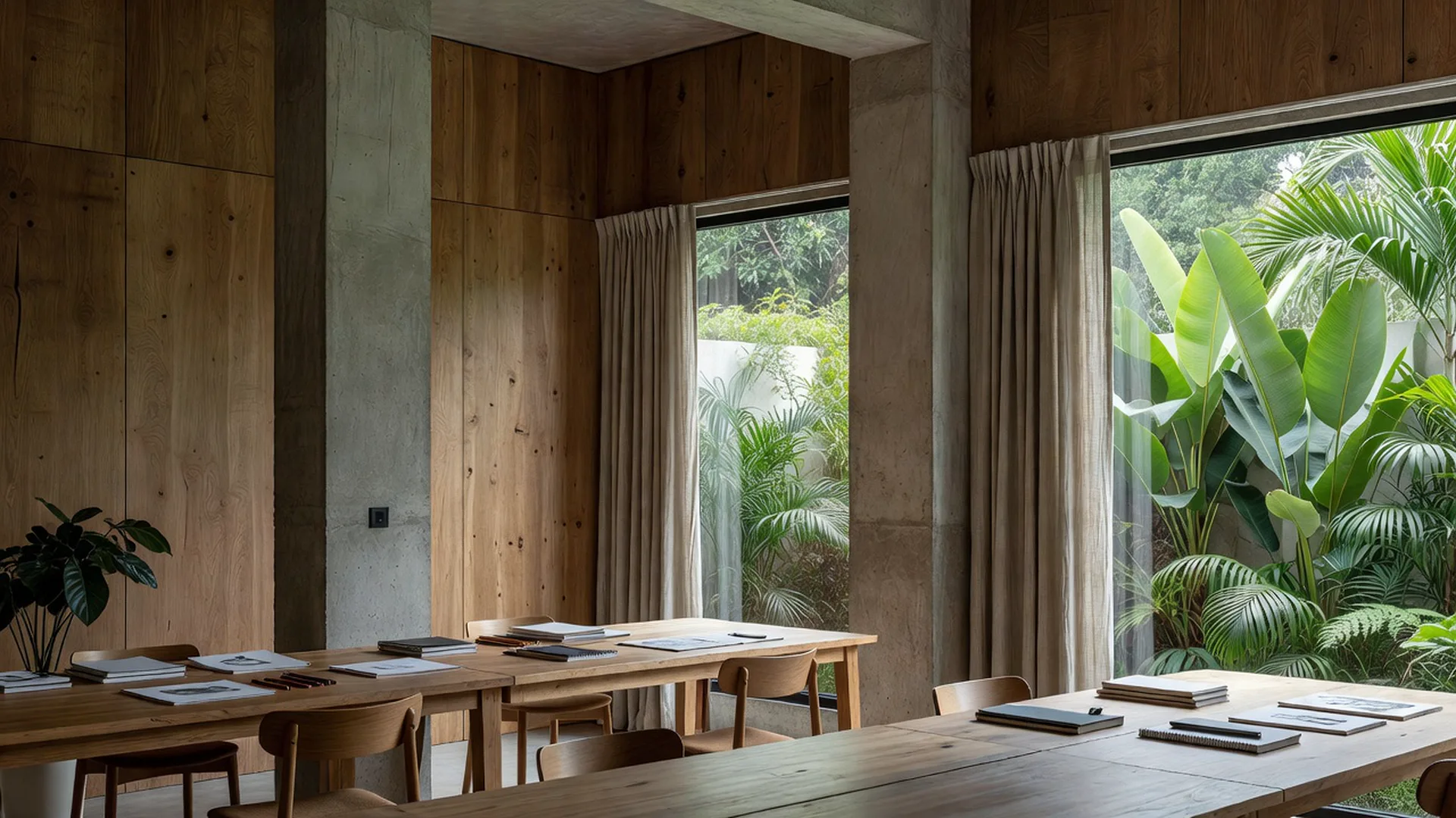 Visualisasi konsep ruang kerja studio arsitektur dengan meja gambar dan material board.