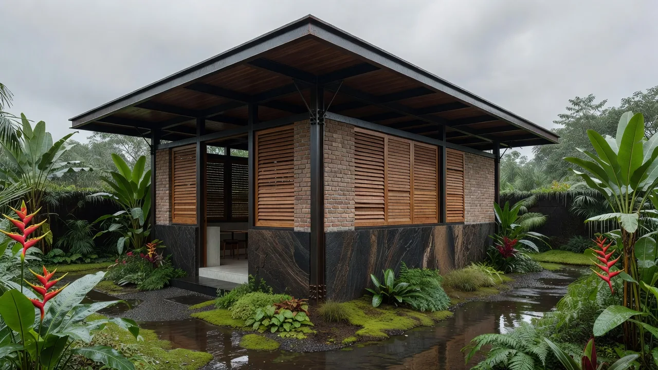 Visualisasi konsep paviliun komersial tropis di Bandung dengan veranda dan rain garden.