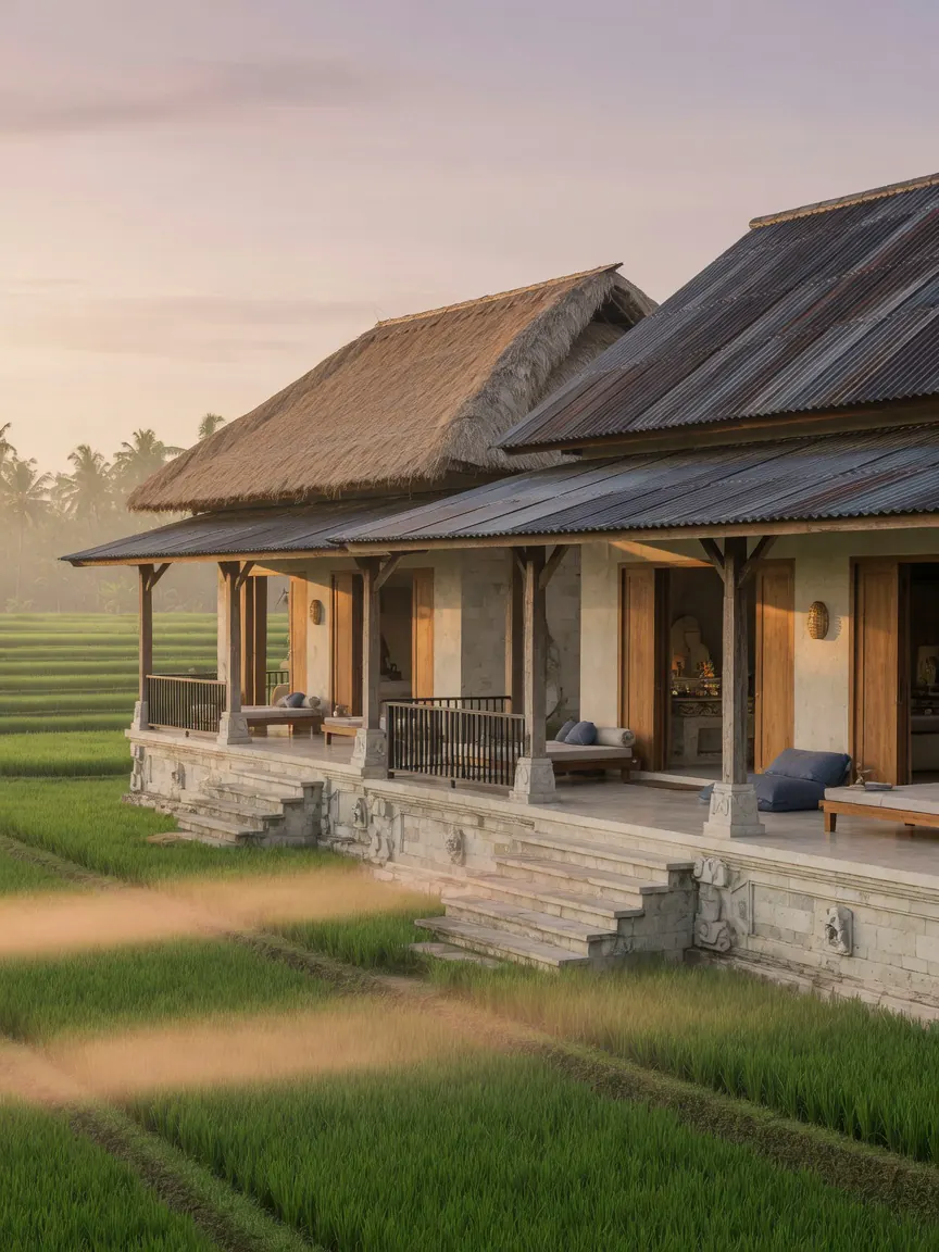 Visualisasi konsep vila tropis menghadap sawah dengan sayap terbuka dan material lokal.