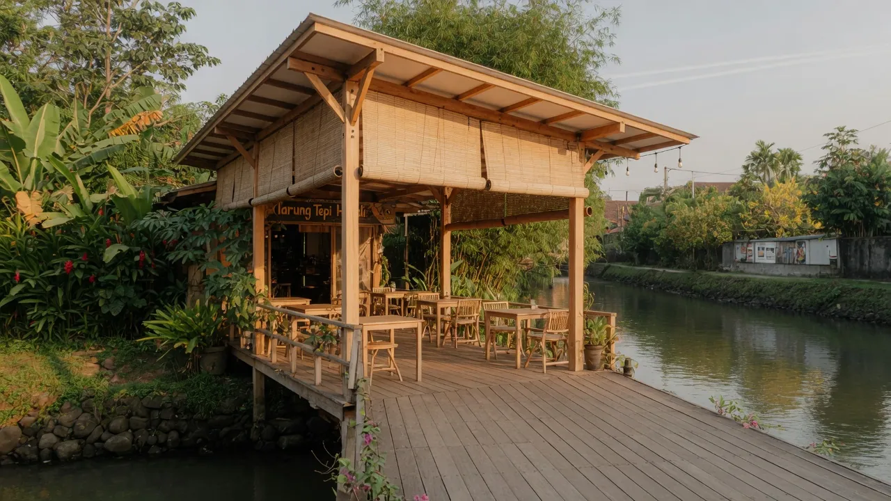 Visualisasi konsep kafe tepi sungai dengan deck kayu dan atap lipat.