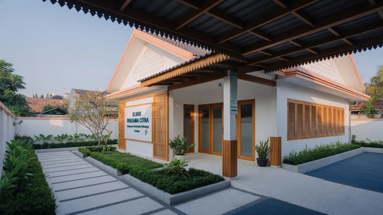 Visualisasi konsep klinik dengan koridor terang dan taman dalam.