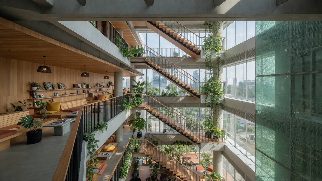 Visualisasi konsep atrium dan ruang kerja.