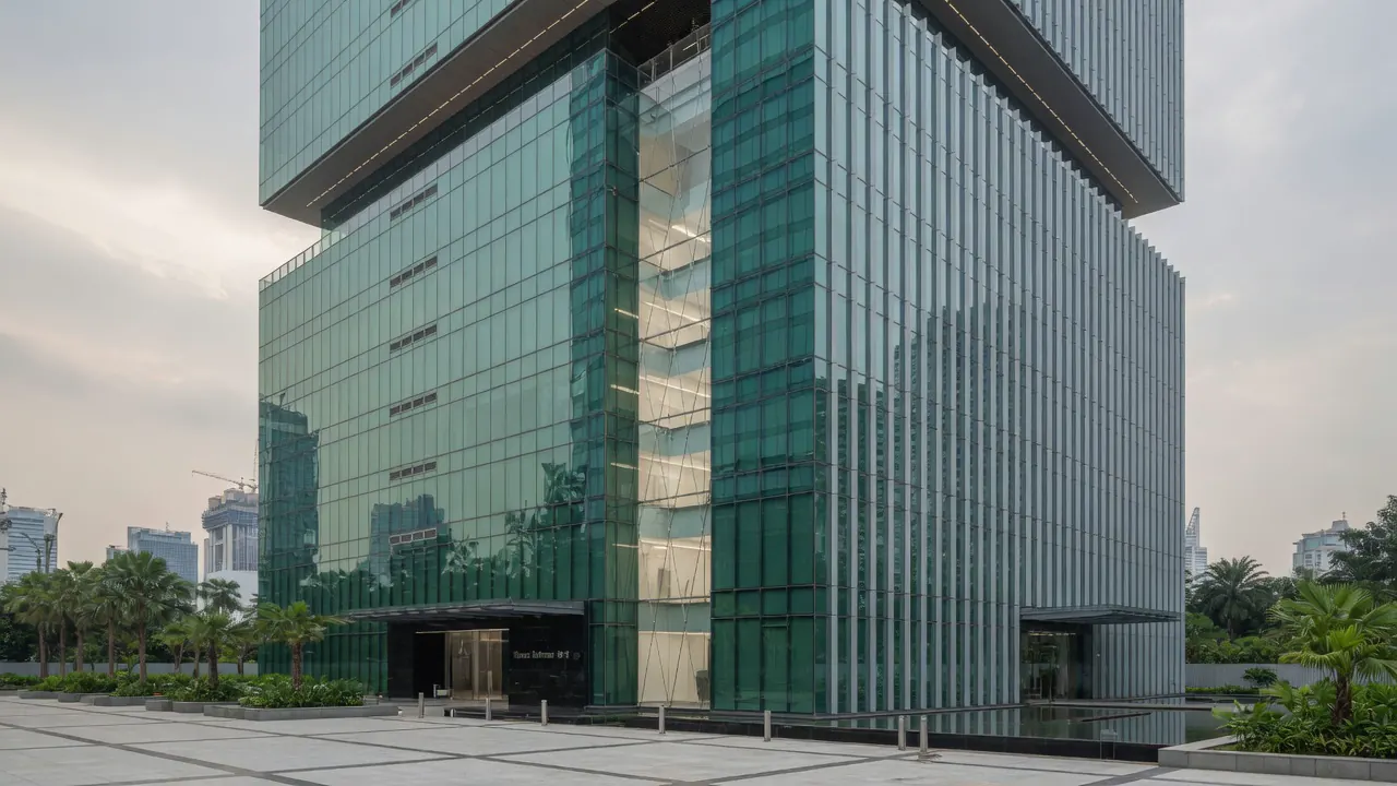 Visualisasi konsep menara kantor dengan atrium terbuka dan fasad berlapis.