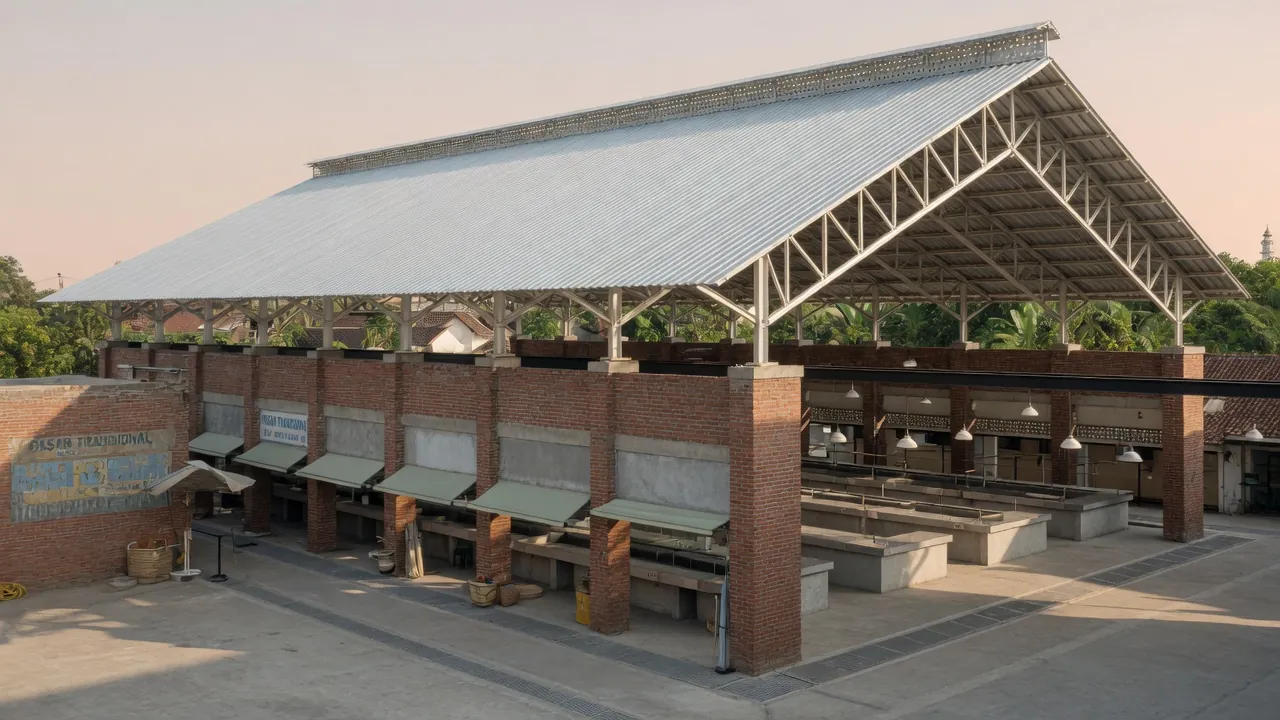 Visualisasi konsep pasar tradisional dengan atap peneduh lebar dan lorong terang.