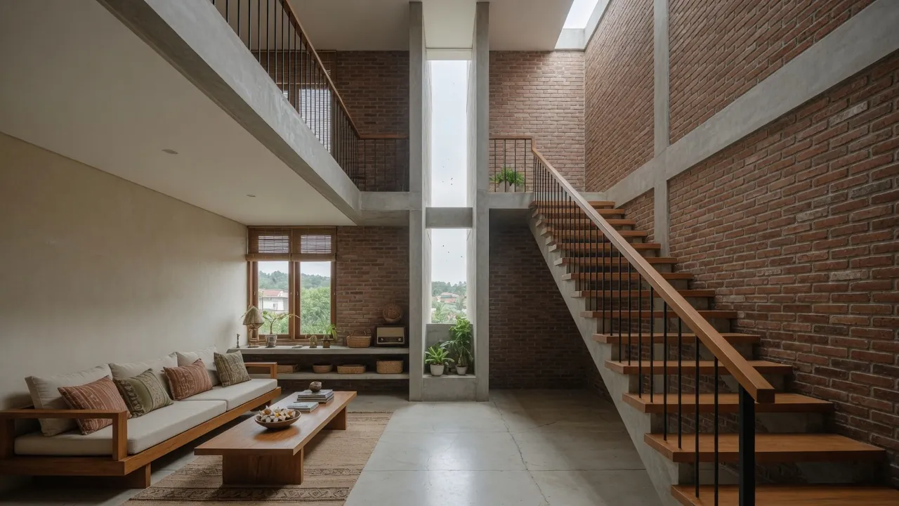 Visualisasi konsep interior rumah lama yang dibuka dengan void cahaya.