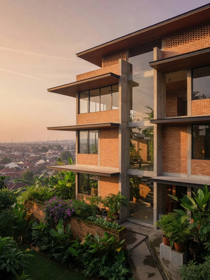 Visualisasi konsep rumah lereng dengan void cahaya dan fasad bata ekspos.